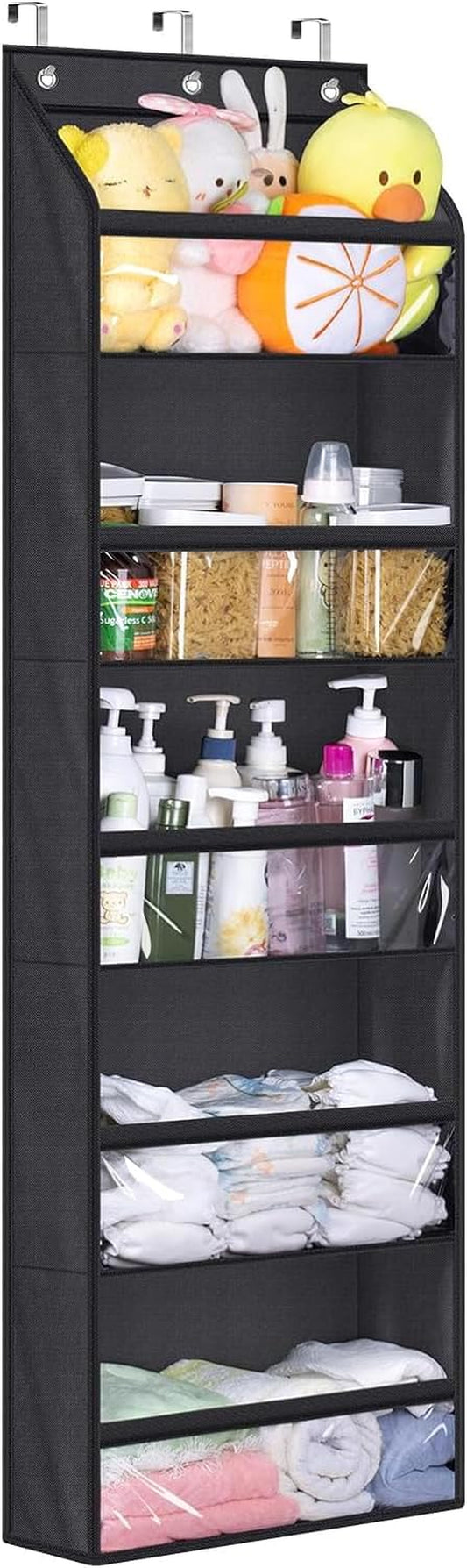 over the Door Organizer Storage Hanging Shelves for Closet Door with 5 Large Pockets Fits Bedroom, Bathroom，Dorm for Clothes Storage, Baby Diapers, Stuffed Animals, Black