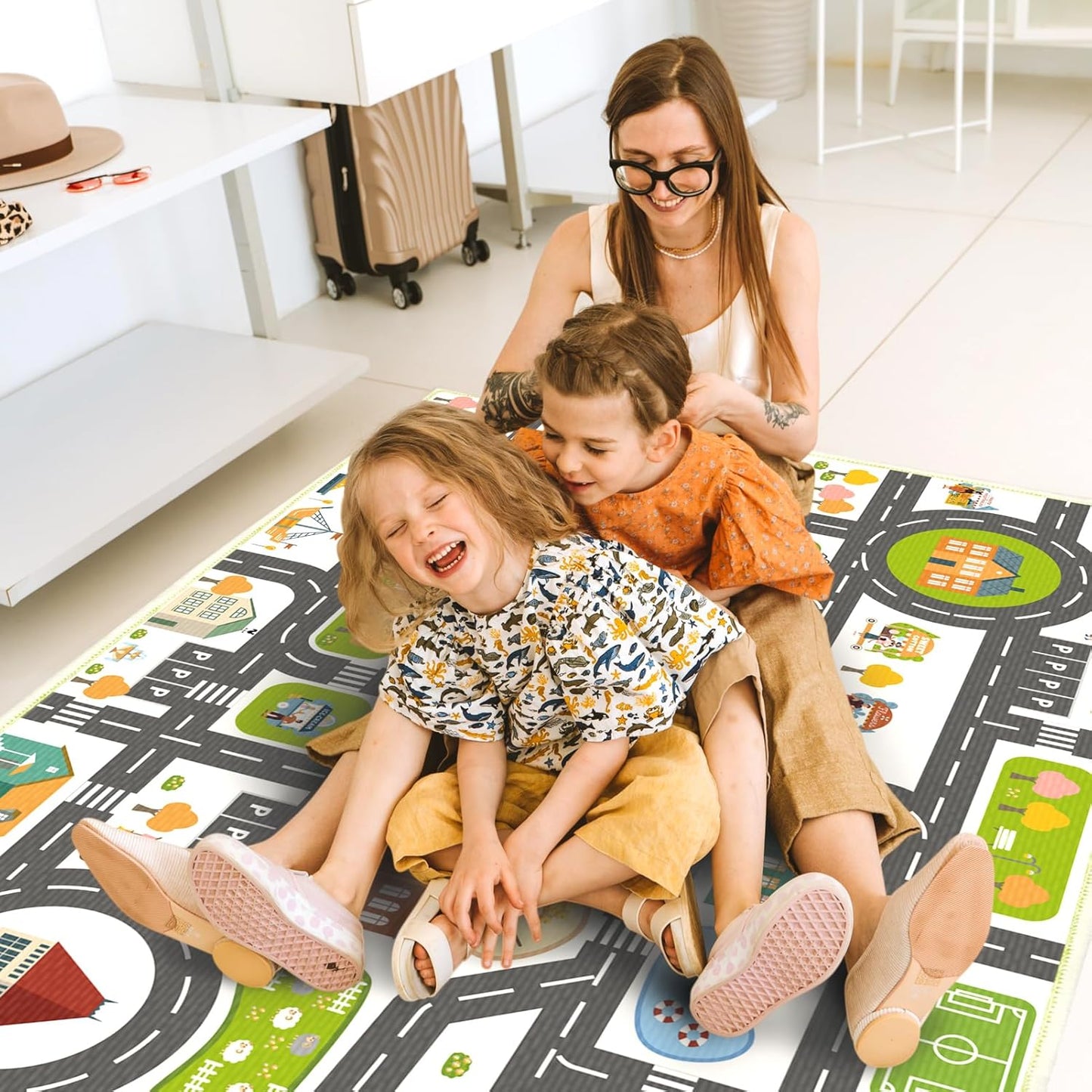 Car Road Kid Rug31.5In X 47In Carpet Playmat for Playoom Traffic Road Kids Play Mat for Toddler Non Slip Washable City Map Carpet Rug for Kids Room Nursery Room Decor (White)