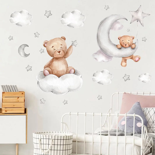 Set of 2 Cute Bear Moon and Stars Wall Stickers 45X30Cm PVC Wall Art Cartoon Decoration for Kids Room Baby Room Nursery,Colorful