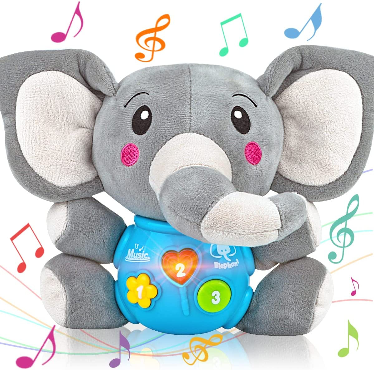 Plush Elephant Music Baby Toys 0 3 6 9 12 Months, Cute Stuffed Aminal Light up Baby Toys Newborn Baby Musical Toys for Infant Babies Boys & Girls Toddlers 0 to 36 Months (Gray)