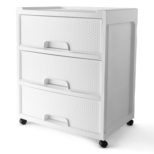 3 Drawer Wide Diamond Arctic White Plastic Storage Cart