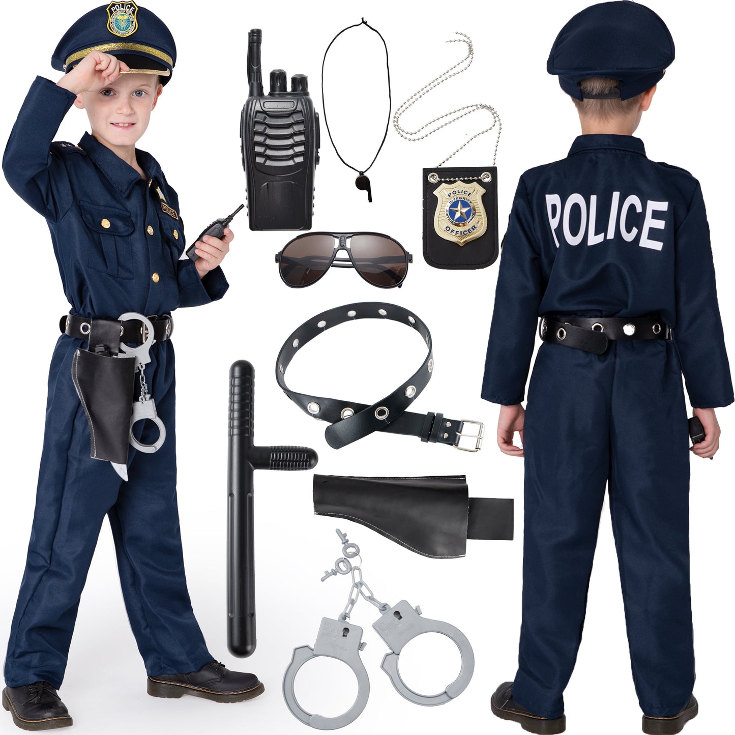 Police Officer Costume Set for Boys, Police Man Pretend Kit Halloween Costume Cosplay for Toddler Kids 3-10 Years