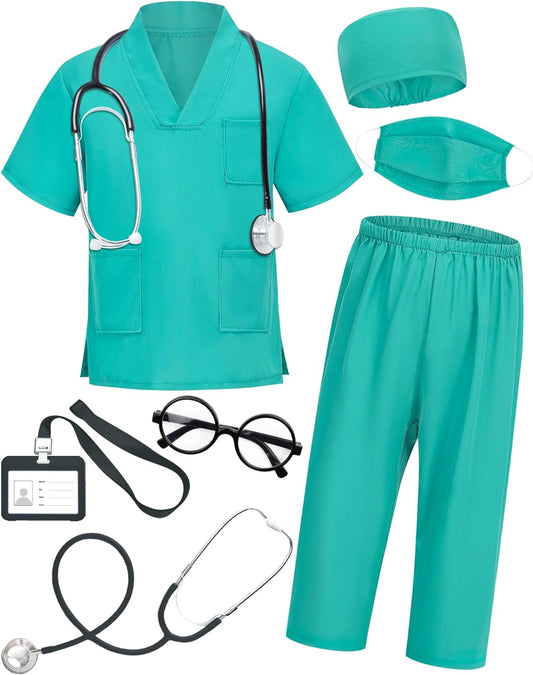 Doctor Costume for Kids Scrubs with Accessories,7Pcs Toddler Halloween Costume for Boy Girls,3-11 Years