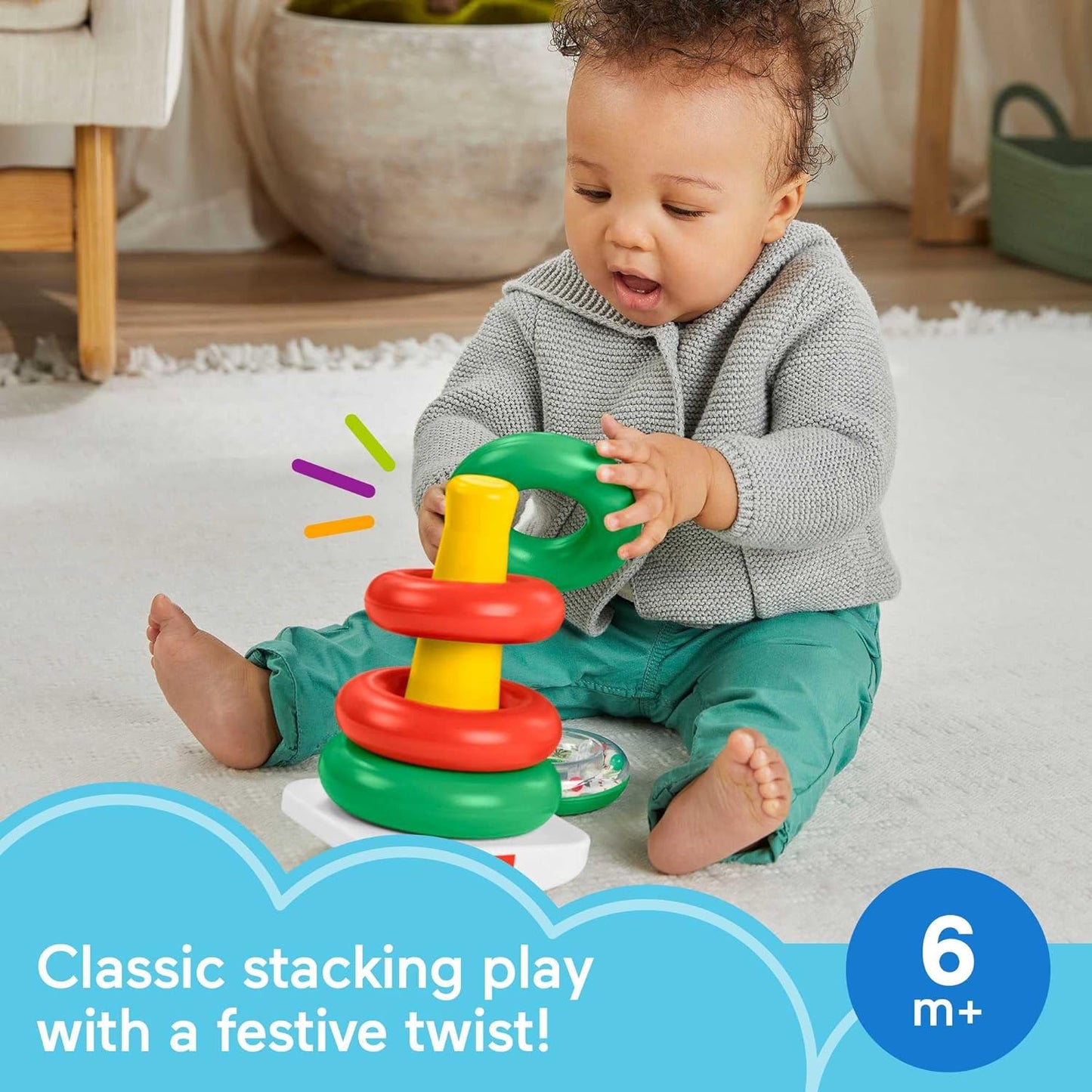 Baby Toy Holiday Rock-A-Stack, Red & Green Ring Stacking Activity for Developmental Play Infants Ages 6+ Months