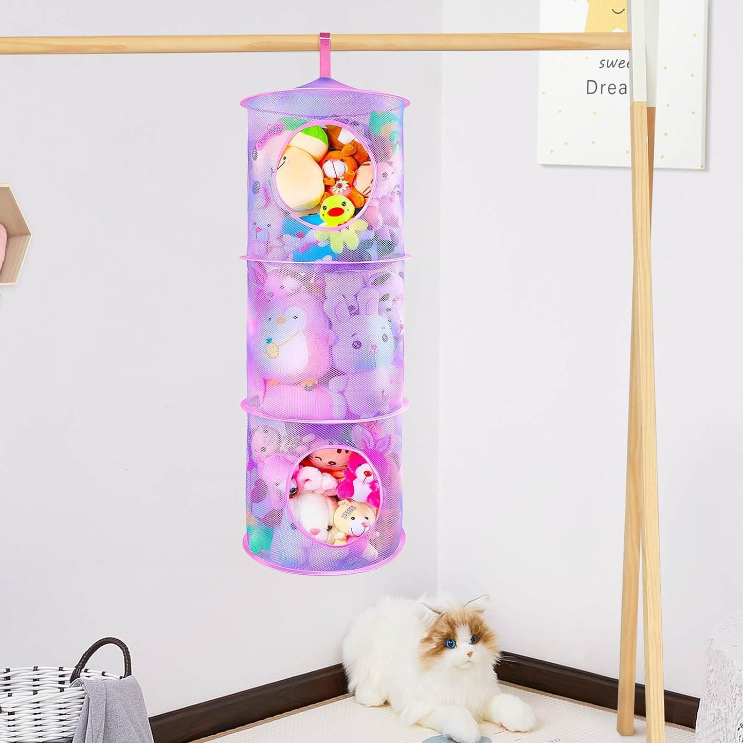 Stuffed Animals Net or Hammock 2Pcs Hanging Stuffed Animals Storage Toy Net Hammock for Stuffed Animals Organizer Mesh Hammock Kids Girls Room Decor, Purple, 3 Tiers