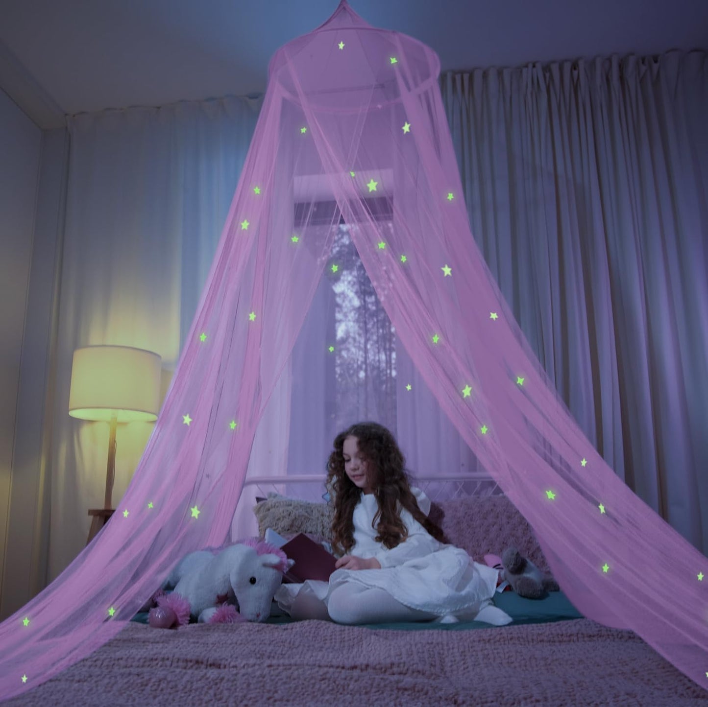 Pink Bed Canopy for Girls with Glowing Stars - Canopy Bed Curtains | Fits Single, Twin, Full, Queen Size Kids Bed, Princess Netting Room Decor, Ceiling Tent to Cover Toddler, Canopy for Bed