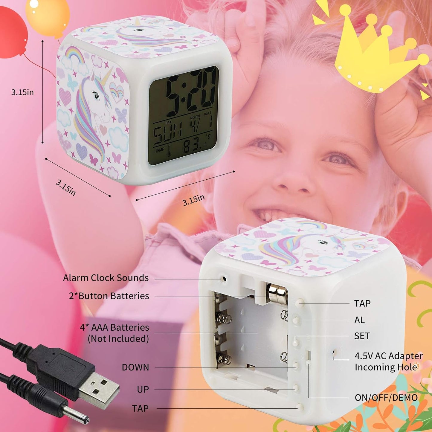 Kids Alarm Clocks, Unicorn Night Light Kids Alarm Clocks with 4 Sided Unicorn Pattern&9 Kinds of LED Glowing Wake up Bedside Clock Gifts for Unicorn Room Decor for Girls Bedroom