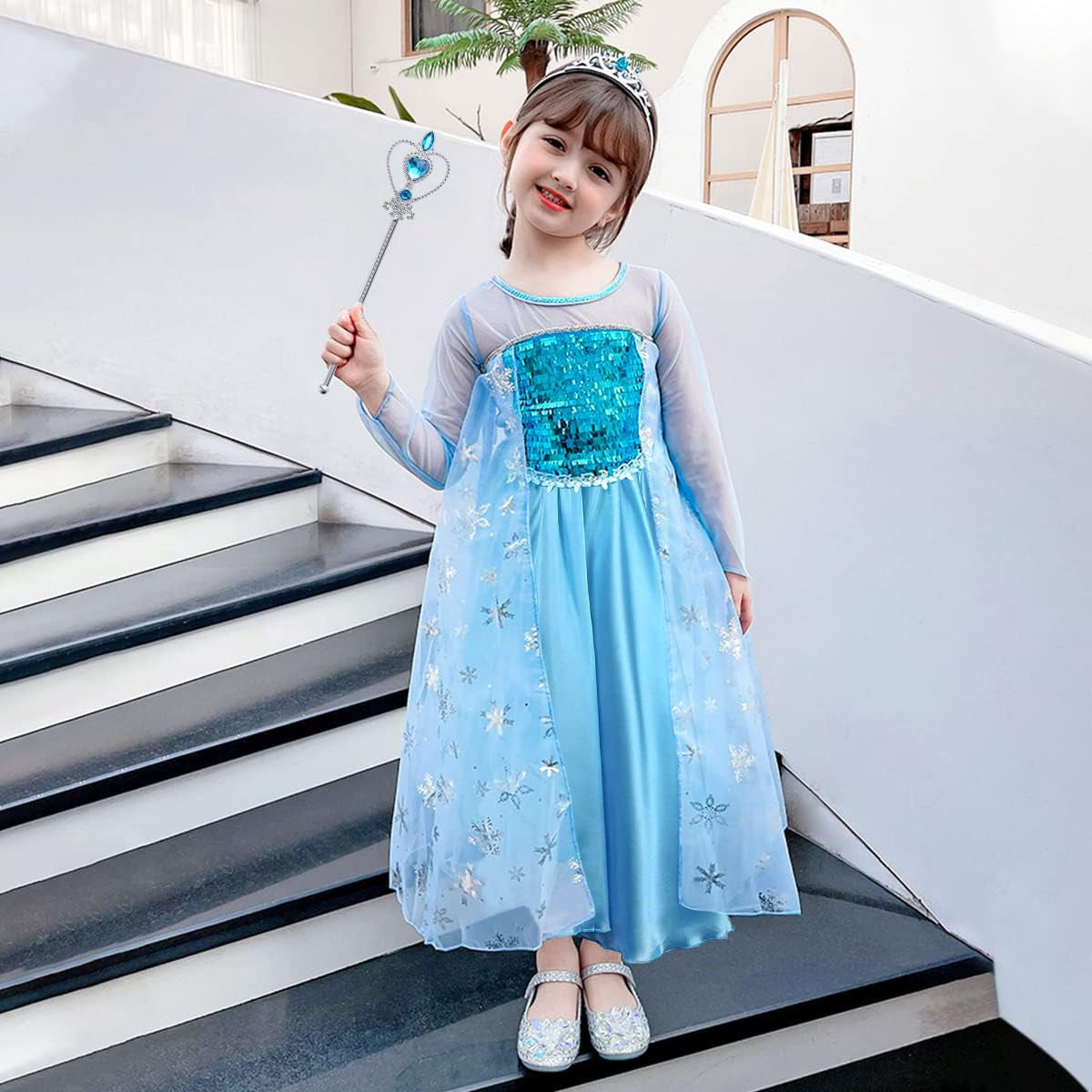 Princess Dress Costume for Girls Deluxe Fancy Dress up Birthday Cosplay Costume with Crown Wand Accessories