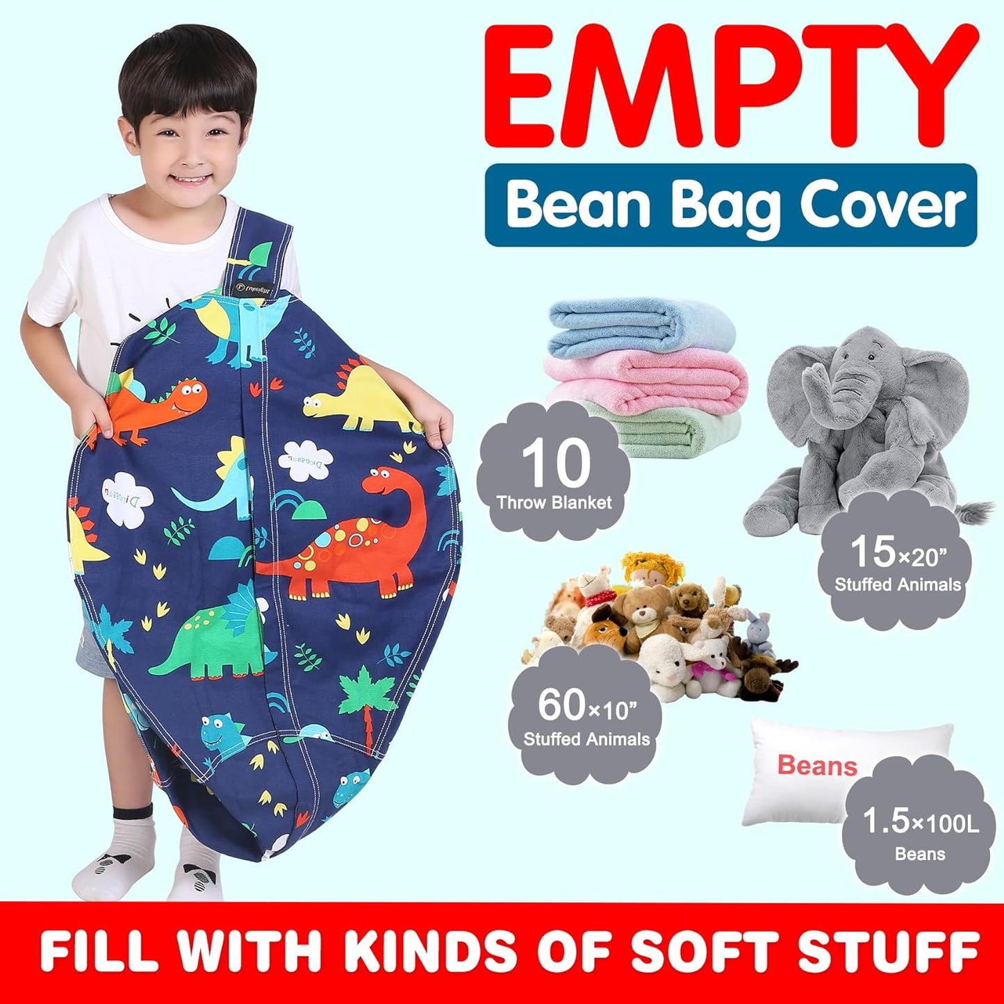 Stuffed Animal Storage Bean Bag Chair Cover for Kids, Dinosaur Zipper Beanbag Chair Cover for Organizing Toddler & Kids' Rooms Plush Toys (Dinosaur, Large)