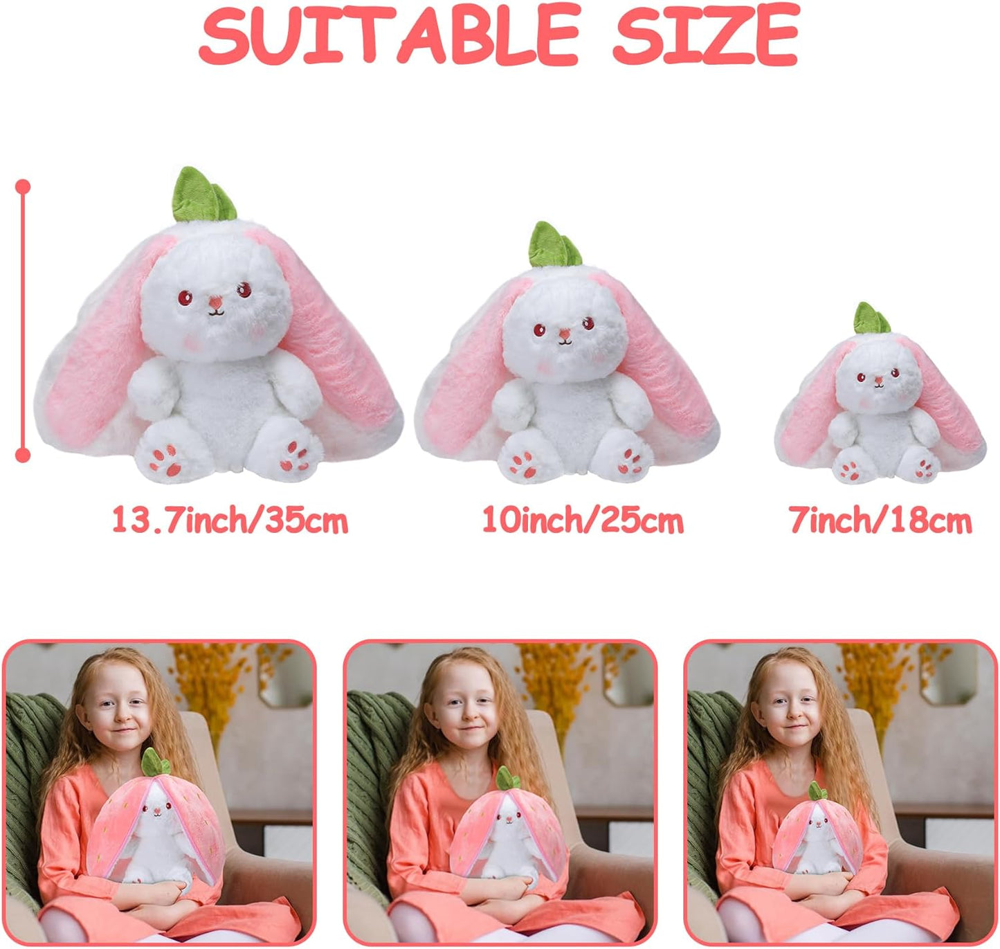 Bunny Stuffed Animal Reversible Cuddle Bunny Stuffed,Strawberry Bunny Transformed Rabbit Plush Zipper,Carrot That Turns into Ears Bunnies Plushies Toy Cute Stuffy Doll Easter Girlfriend Gift