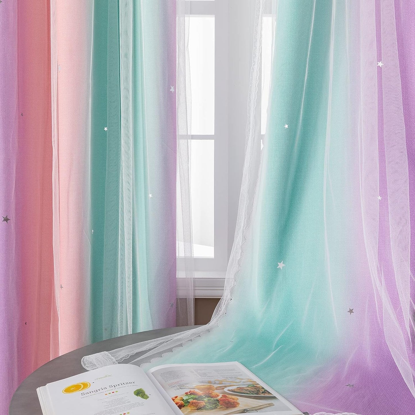 Curtains for Girls Bedroom Decor, Rainbow Curtains for Kids Room Decor, Purple Blackout Curtains for Little Girl Room, Unicorn Wall Decals Pink Curtains Green, 63 Inches Long 34 Wide 1 Panel