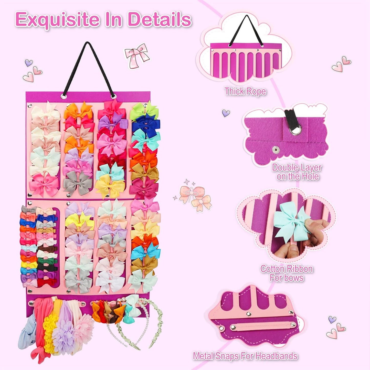 Hair Bows Holder W/Large Capacity, Hair Clips Storage Hanger W/16 Ribbons, Hair Bows Organizer, Baby Hair Accessory Storage Display W/Sturdy Rope, Wall Hanging for Girl Room-Purple