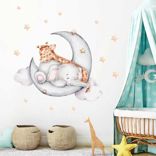 Good Night Baby Elephant and Giraffe Wall Stickers for Kids Baby Room Decorative Wall Decal