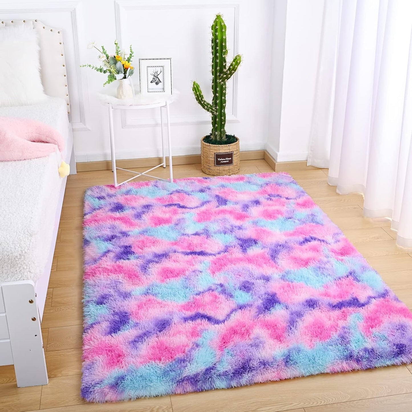 Soft Rainbow Area Rugs for Girls Room 3X5 Feet, Fluffy Cute Colorful Princess Carpet for Kids Teens Nursery Toddler,Bedroom Hot Pink