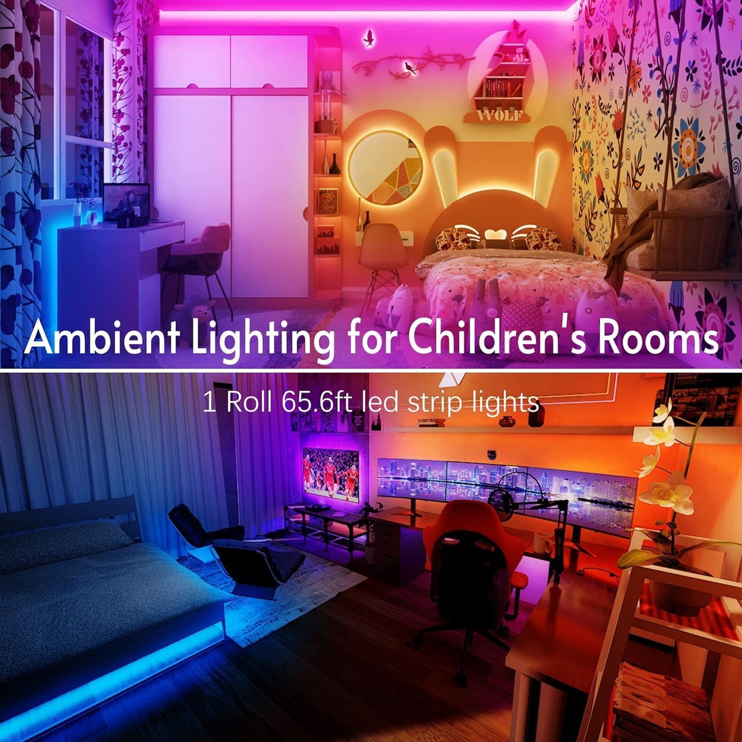 65.6Ft Kids Bluetooth LED Strip Lights, Music Sync LED Light Strip RGB Color Changing Lights Strip with Penguin Style Remote, APP Control, LED Lights for Bedroom, TV, Room DIY (App+Remote+Mic)