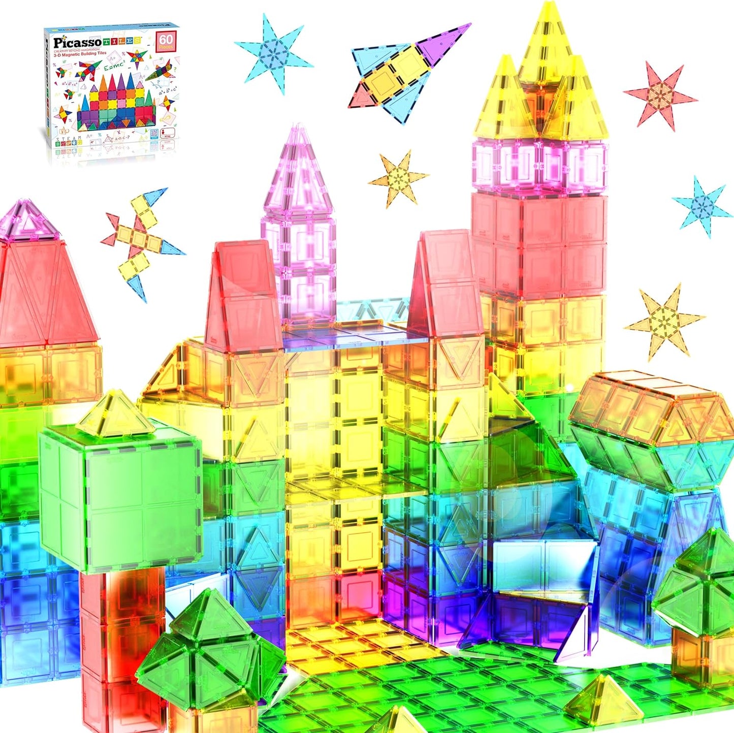 60 Piece Set 60Pcs Magnet Building Tiles Clear Magnetic 3D Blocks Construction Playboards - Creativity beyond Imagination, Inspirational, Recreational, Educational, Conventional