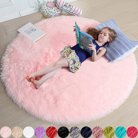 Pink round Rug for Girls Bedroom,Fluffy Circle Rug 4'X4' for Kids Room,Furry Carpet for Teen Girls Room,Shaggy Circular Rug for Nursery Room,Fuzzy Plush Rug for Dorm,Cute Room Decor for Baby