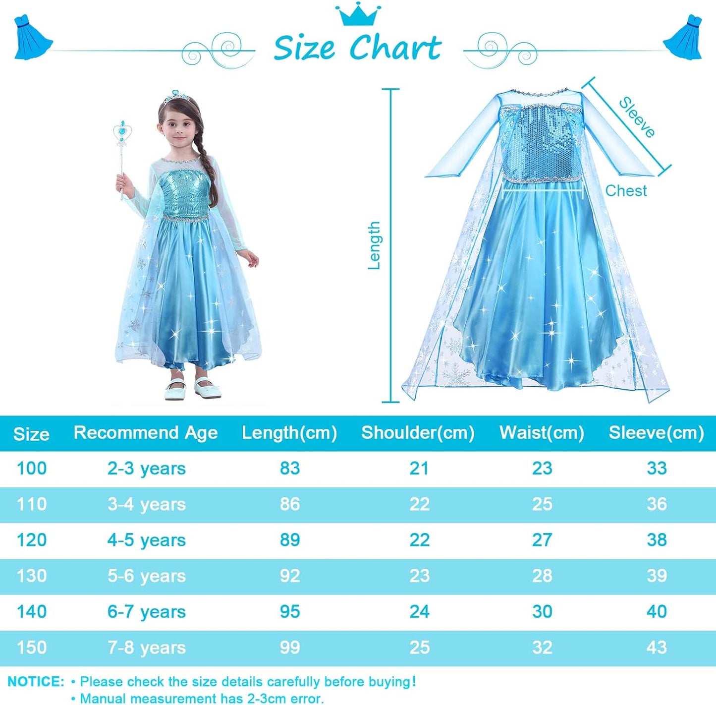 Princess Dress Costume for Girls Deluxe Fancy Dress up Birthday Cosplay Costume with Crown Wand Accessories