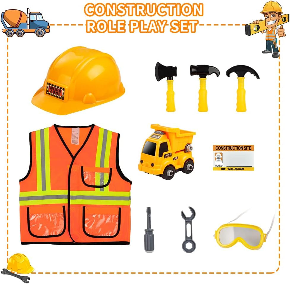 Construction Worker Costume for Boys and Toddler Builder Career Outfit Pretend Role Play Dress up for Kids,Ages 3 4 5 6 7