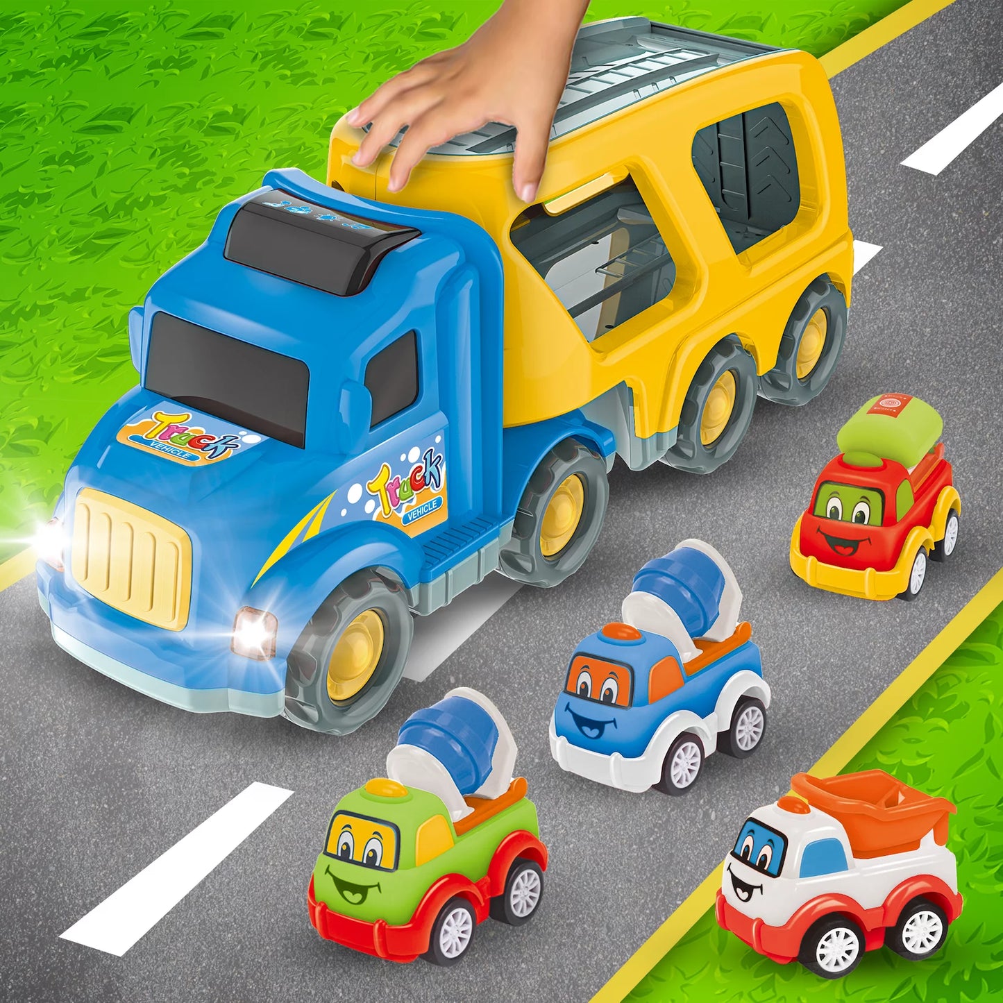 Construction Toy Trucks for 3 Year Old Boys, 5 in 1 Carrier Truck Toy Vehicle for 3 4 5 6 Year Old Boy Birthday Gift, Kids Toys, Friction Powered Cars for Toddlers, Age 3-7, Sound and Light