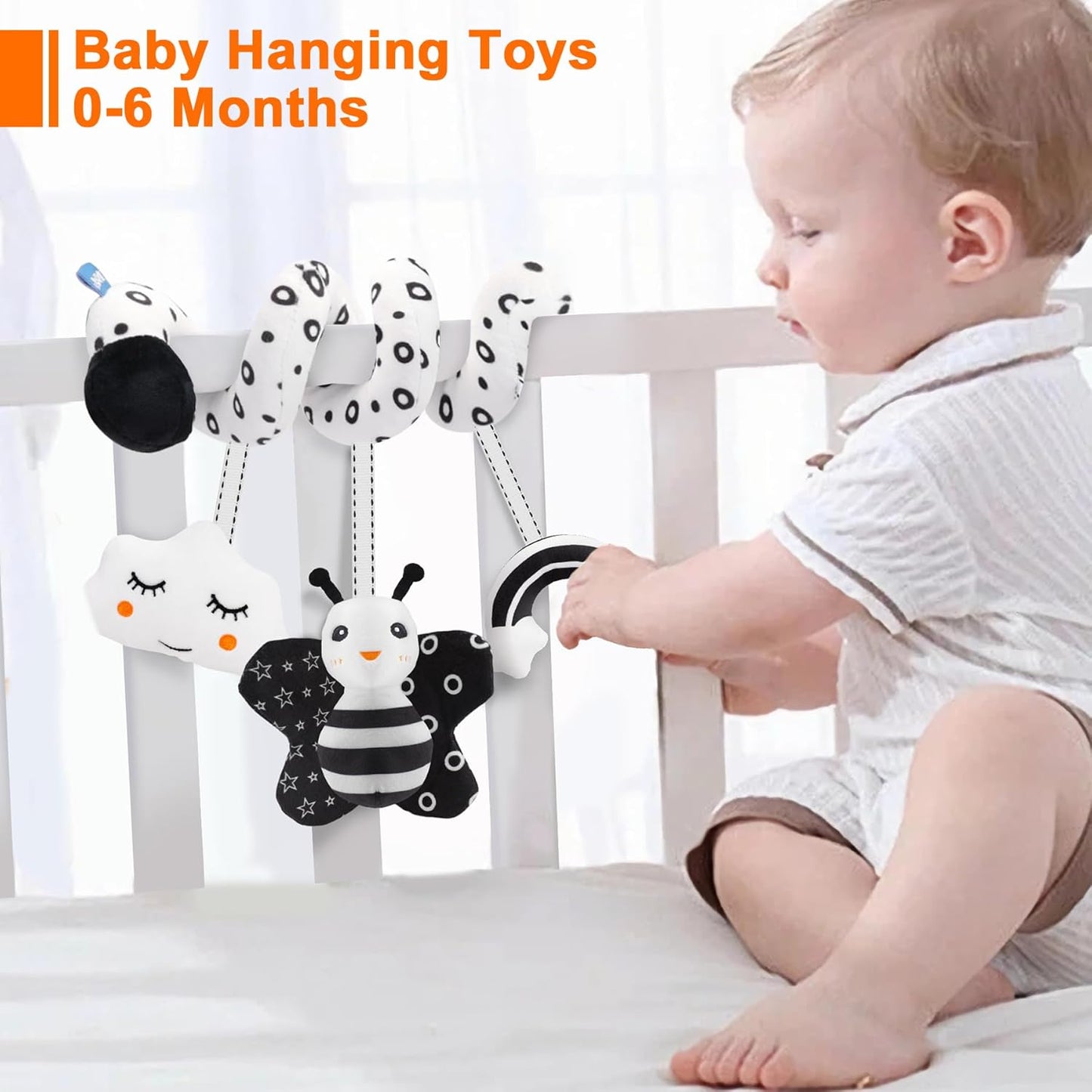 Infant Car Seat Toys for Babies 0-6 Months: Travel Baby Toy for Rear Car Seat, Adjustable Mobile Activity Arch with Music, Sensory Hanging Toy Fits Safetycrib, Stroller (Black Whtie)