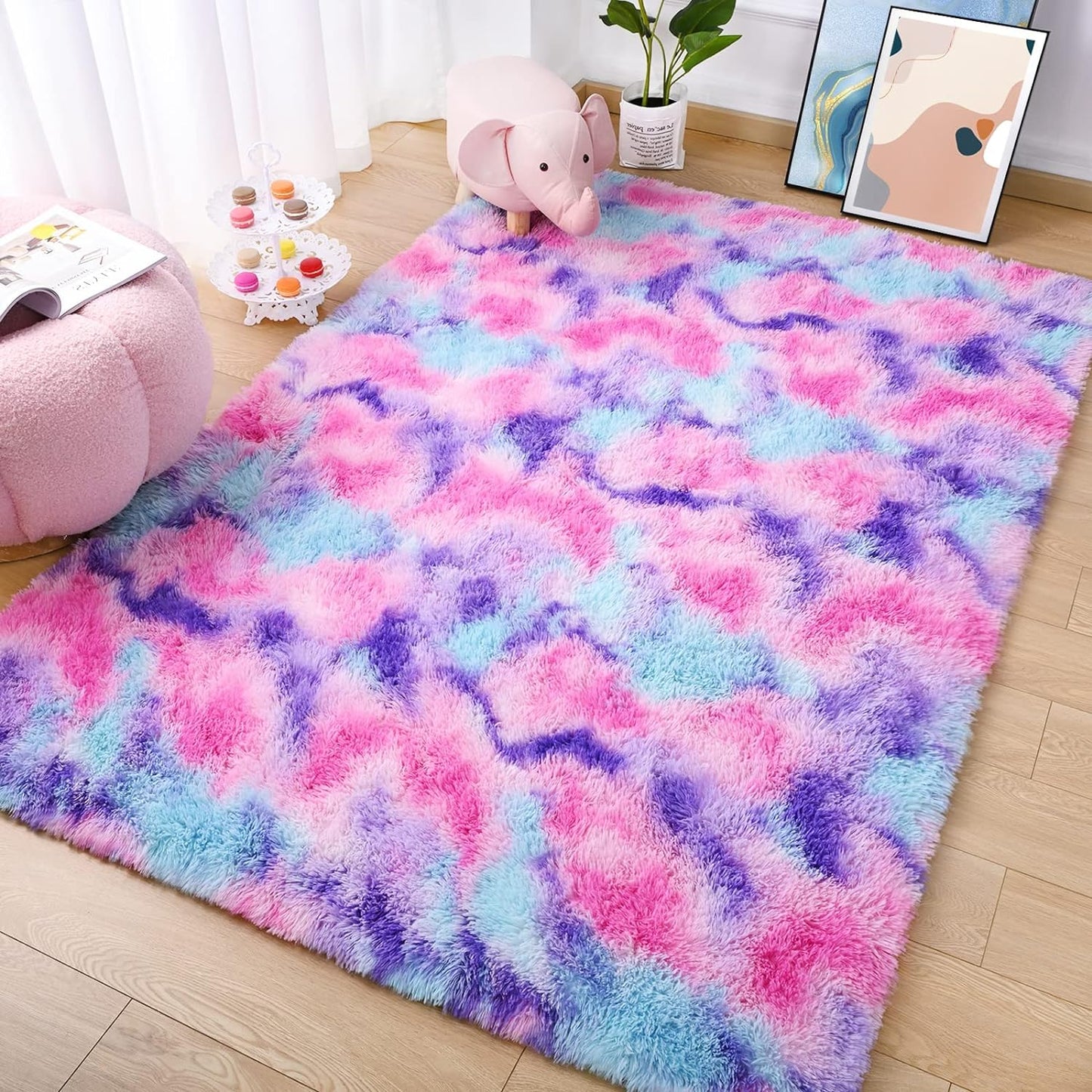 Soft Rainbow Area Rugs for Girls Room 3X5 Feet, Fluffy Cute Colorful Princess Carpet for Kids Teens Nursery Toddler,Bedroom Hot Pink