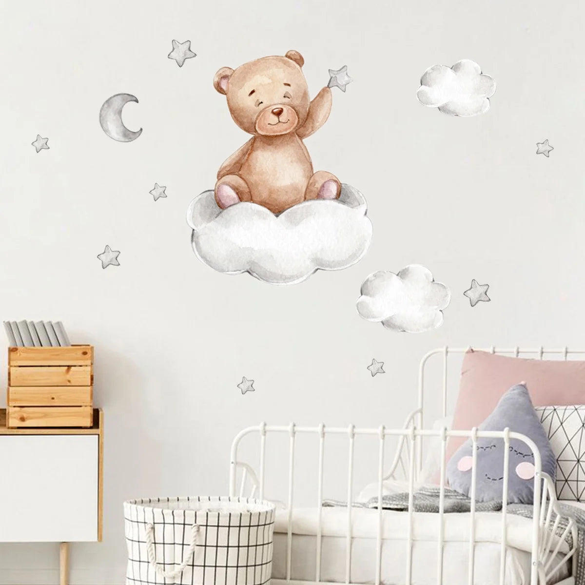 Bear Sleeping on the Moon and Stars Wall Stickers for Kids Room Baby Room Decoration Wall Decals Room Interior