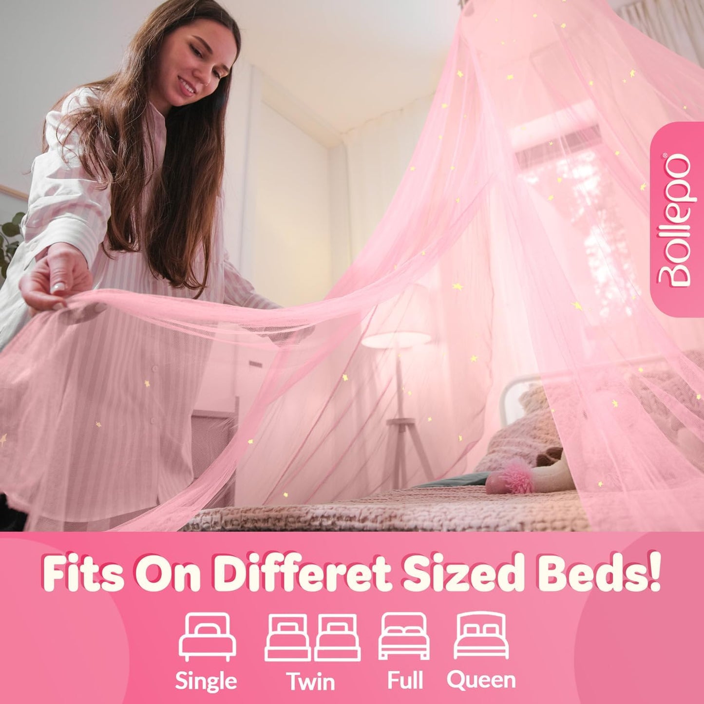 Pink Bed Canopy for Girls with Glowing Stars - Canopy Bed Curtains | Fits Single, Twin, Full, Queen Size Kids Bed, Princess Netting Room Decor, Ceiling Tent to Cover Toddler, Canopy for Bed