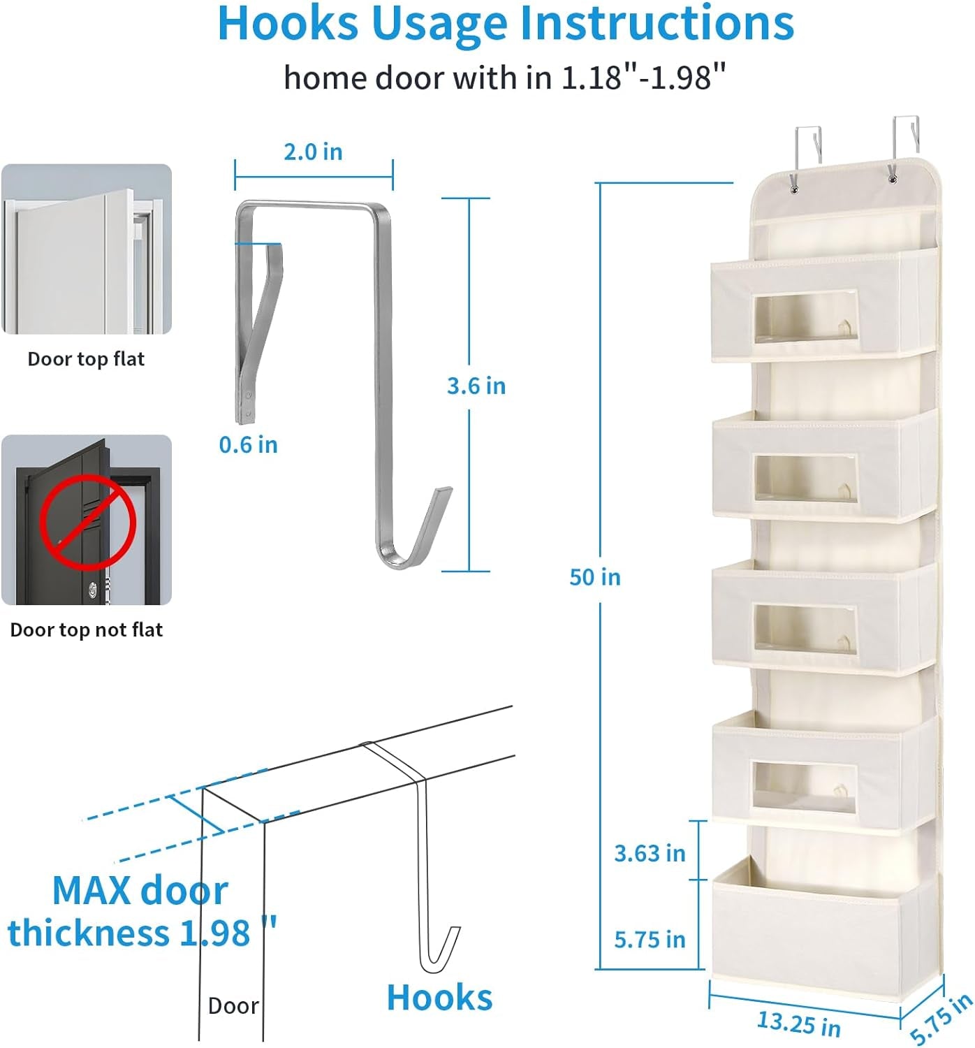 5-Shelf over the Door Hanging Organizer with 2 Metal Hooks，5 Pocket over the Door Wall Mount Storage with Clear Windows for Baby Nursery Bathroom Closet,Bedroom,Dorm, Diapers,Kids Toys (Beige)