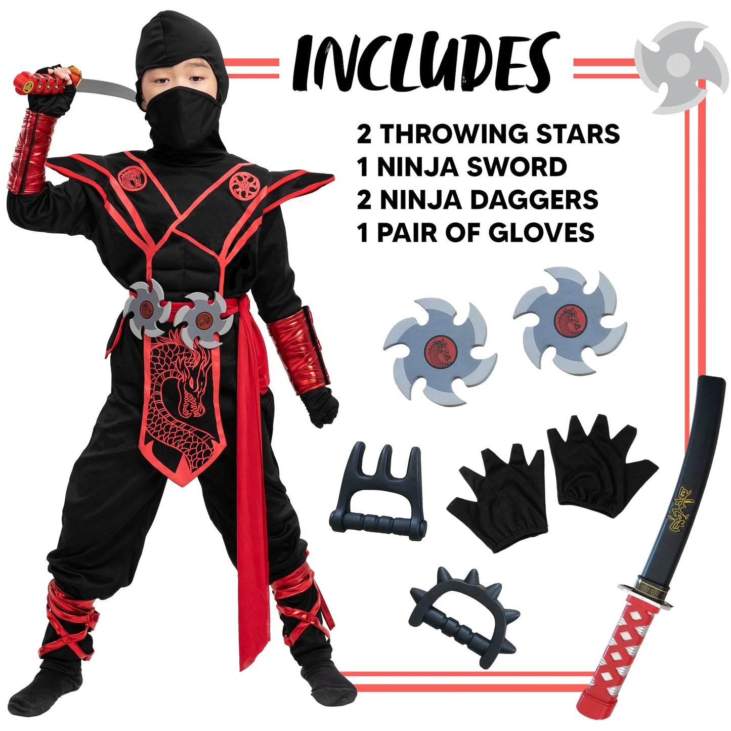 Red Ninja Costume for Kids Halloween Dress up Party Outfit Set, L