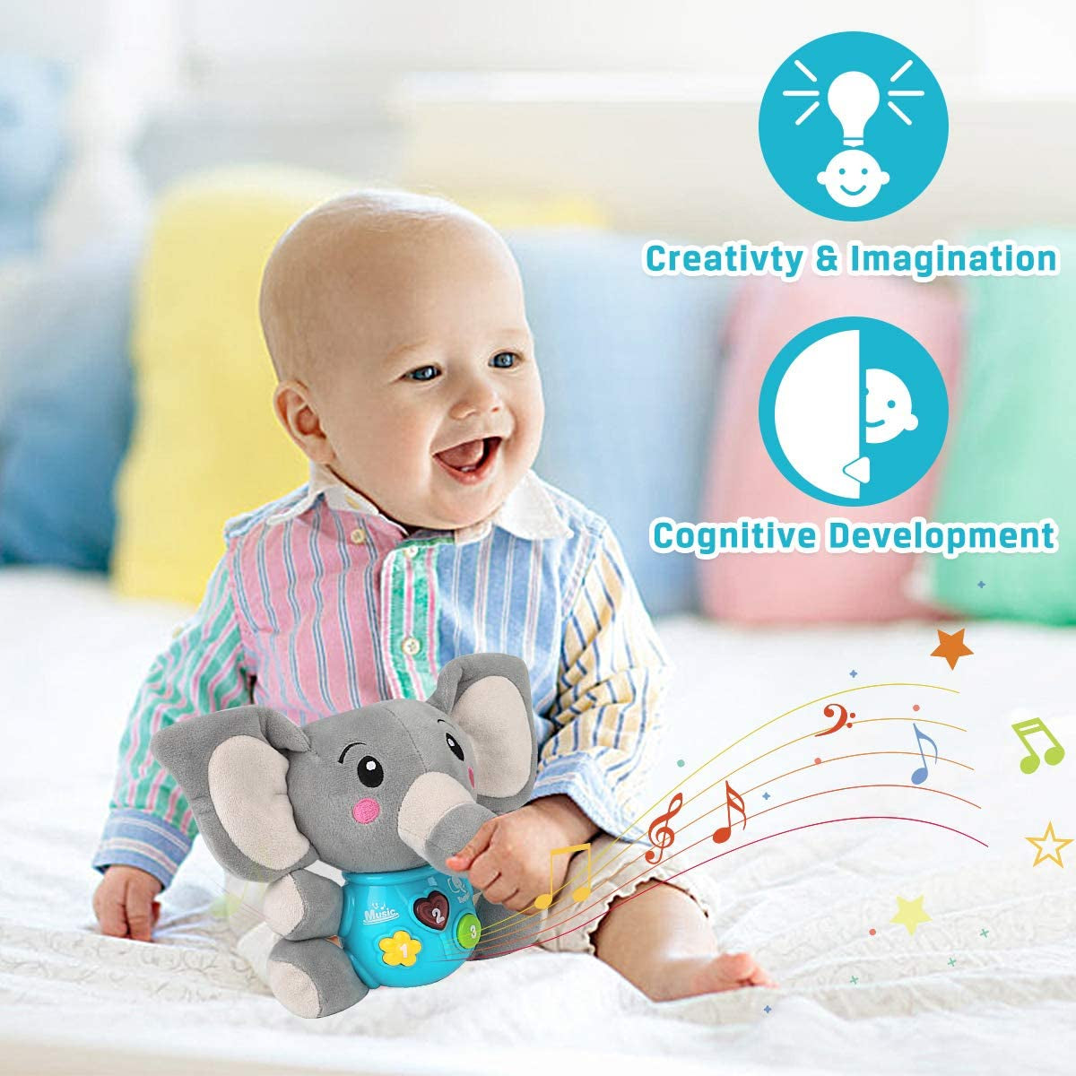 Plush Elephant Music Baby Toys 0 3 6 9 12 Months, Cute Stuffed Aminal Light up Baby Toys Newborn Baby Musical Toys for Infant Babies Boys & Girls Toddlers 0 to 36 Months (Gray)