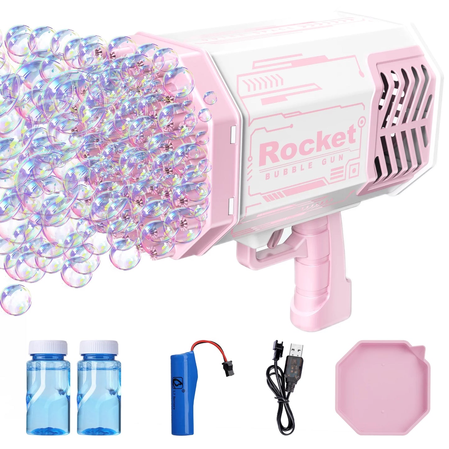 Bubble Gun, 69 Holes Bubbles Rocket Launcher Gun Machine with Colorful Light, Bubble Solution for Kids Adults, Big Rocket Boom Bubble Maker Gun Toys for Wedding Outdoor Party Gift