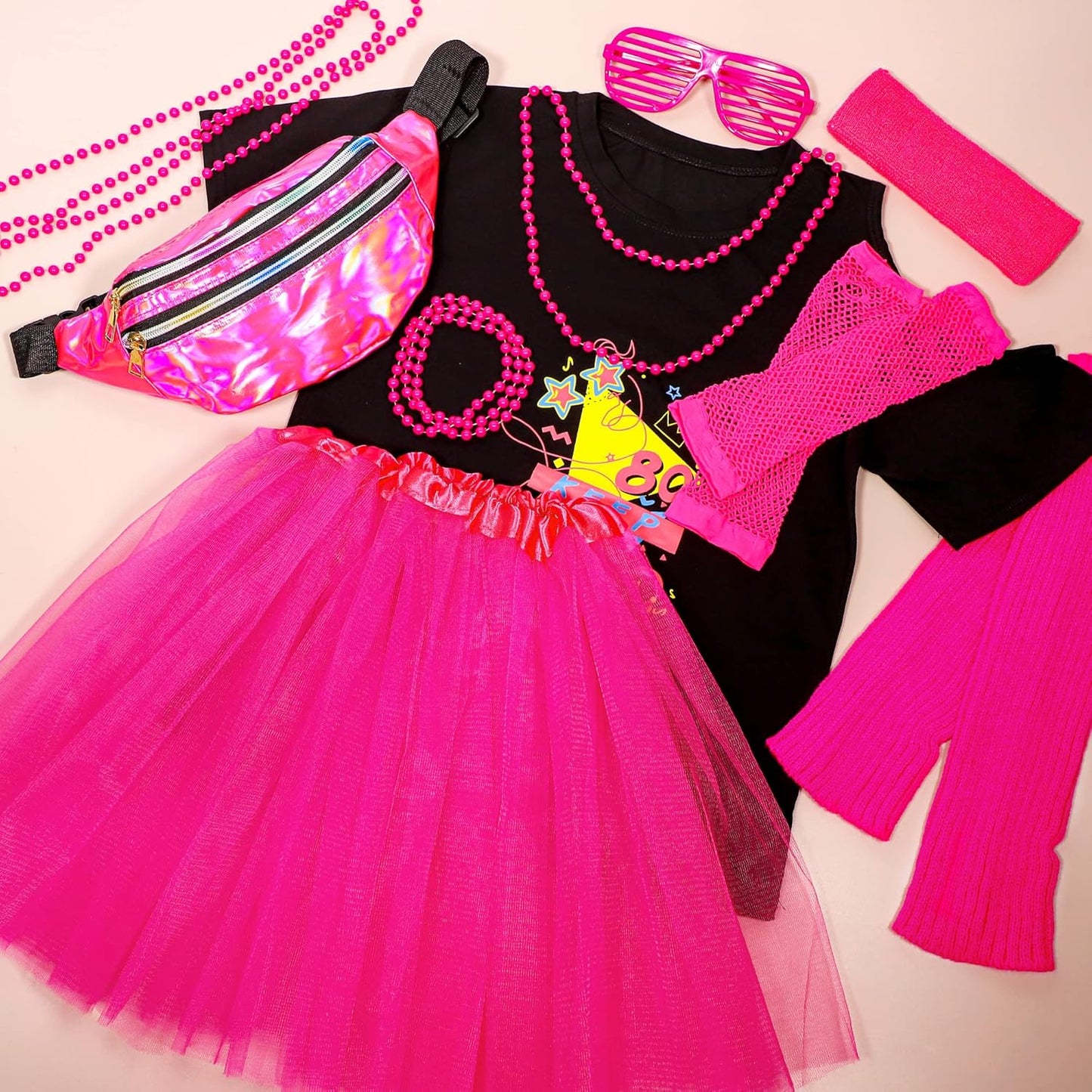 13 Pieces Kids 80S Costume Accessories Set Girl'S 80S Cosplay T-Shirt Tutu Outfit Headband Necklace Gloves Leg Warmer