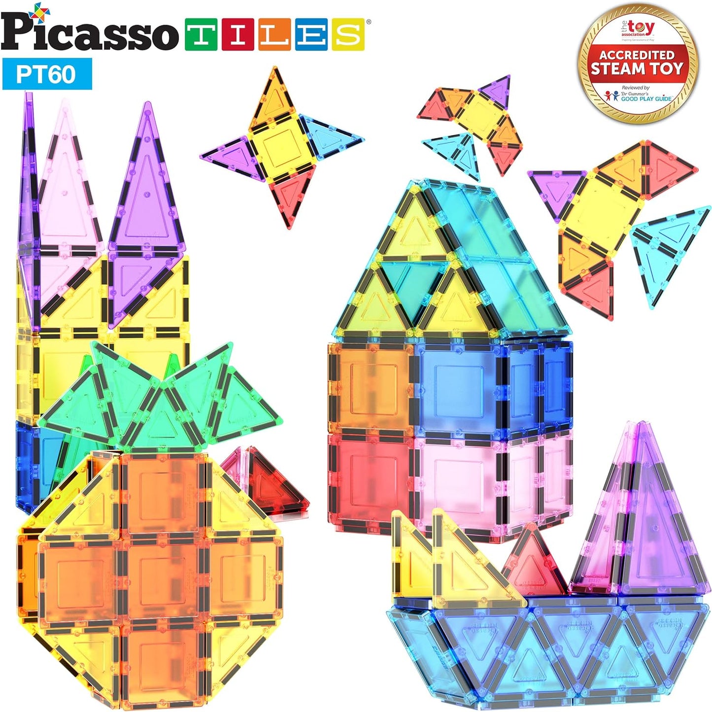 60 Piece Set 60Pcs Magnet Building Tiles Clear Magnetic 3D Blocks Construction Playboards - Creativity beyond Imagination, Inspirational, Recreational, Educational, Conventional