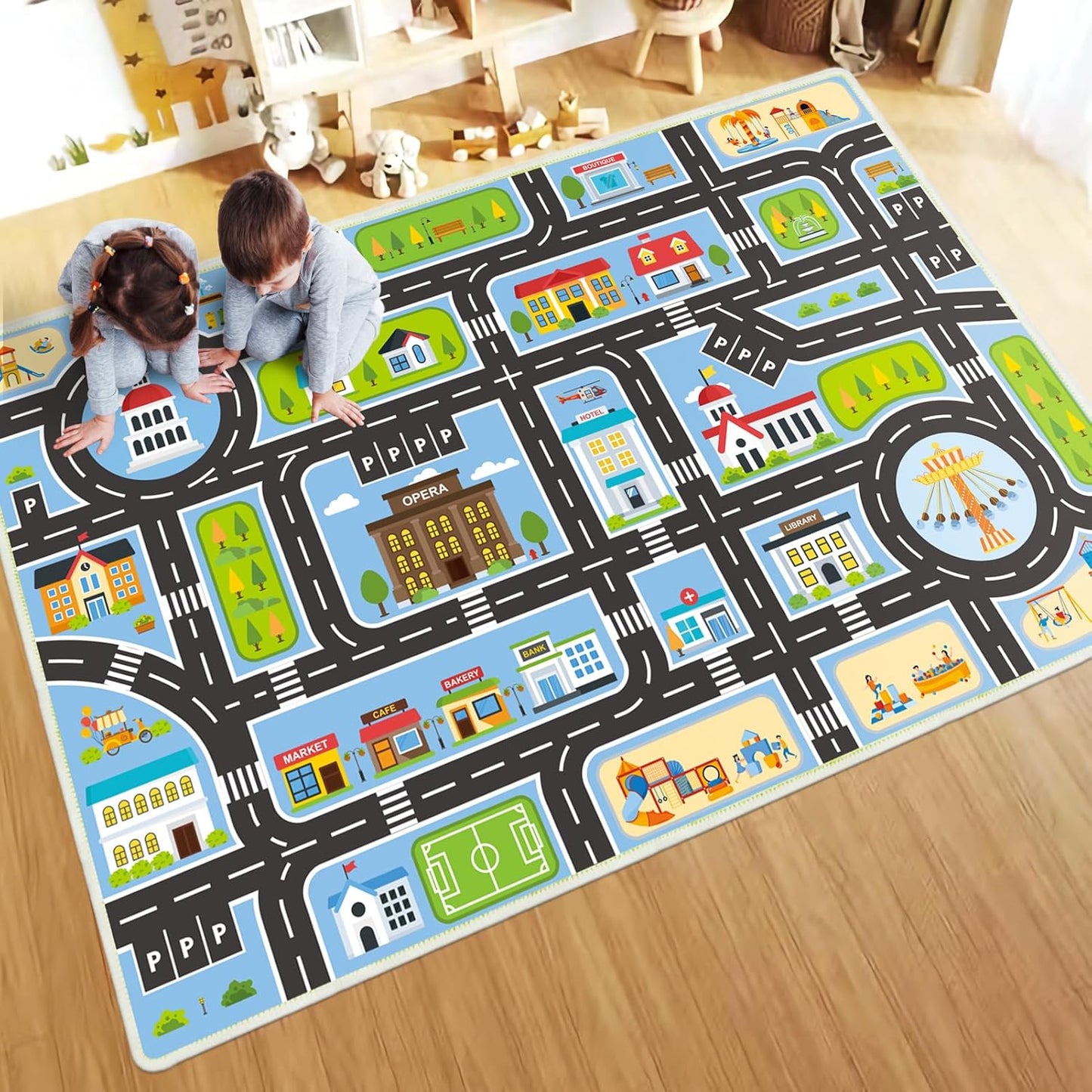 Kids Rug 2.6'X4' Car Rug Play Mat for Playing, City Life Playroom Rug Educational Carpet for Children Boy Girl, Blue Car Road Kid Rug Carpet for Playoom(Blue, 2.6'X4')