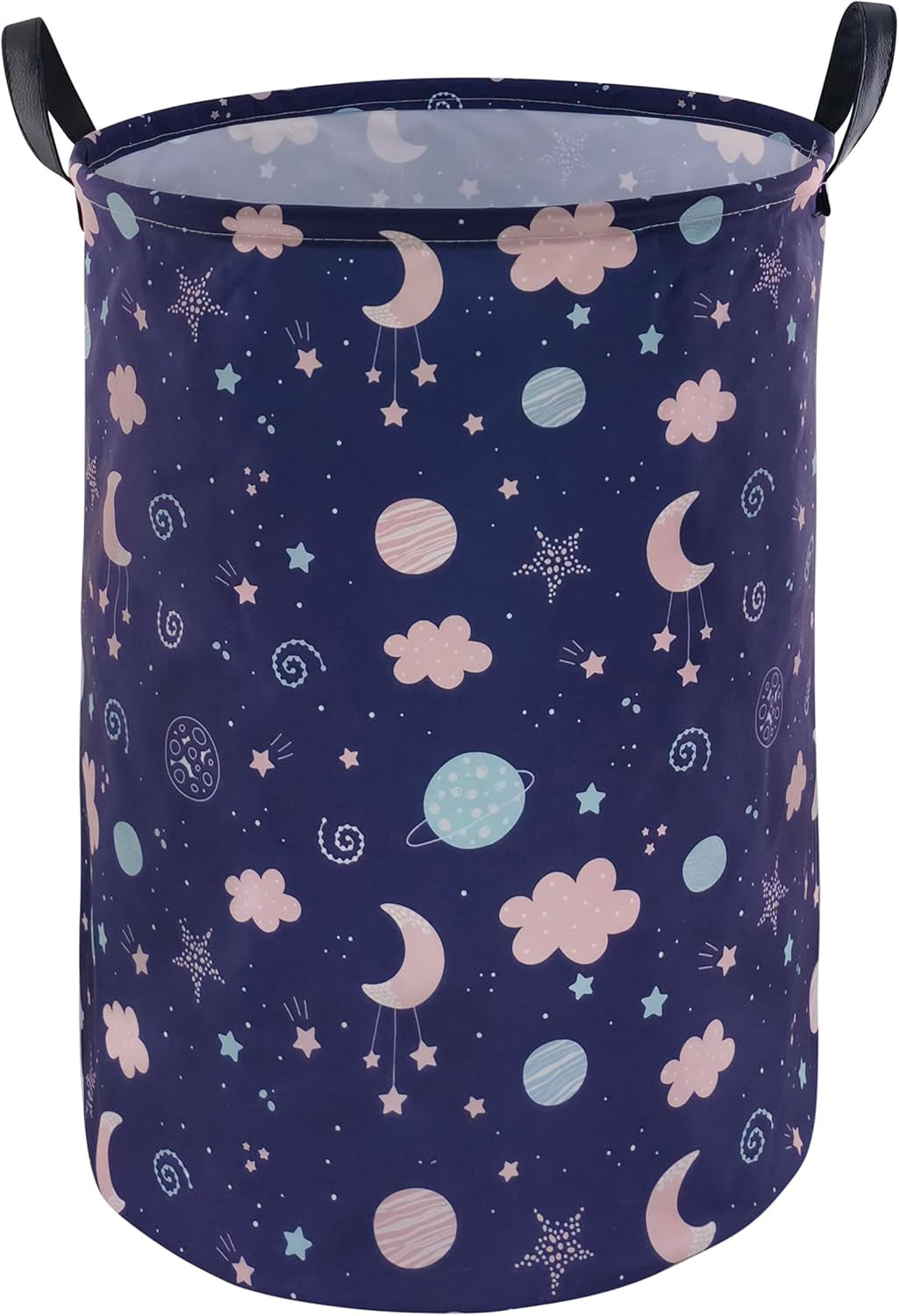 Round Laundry Basket Waterproof Canvas Large Clothes Basket with Handles Cute Cartoon Kids Nursery Hamper for Kids Room Toy Storage Girls Room Decor (Round Blue Moon)