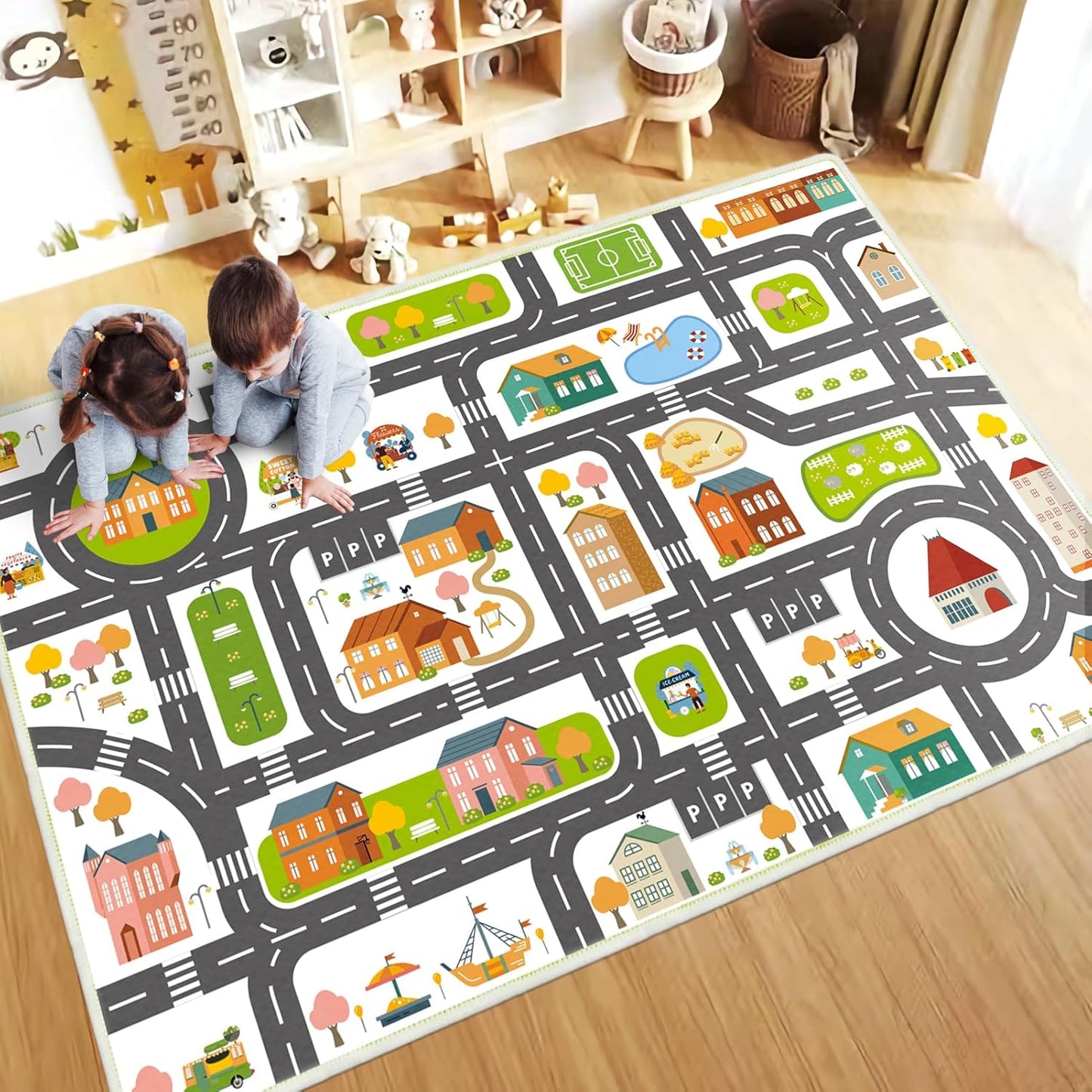 Car Road Kid Rug31.5In X 47In Carpet Playmat for Playoom Traffic Road Kids Play Mat for Toddler Non Slip Washable City Map Carpet Rug for Kids Room Nursery Room Decor (White)