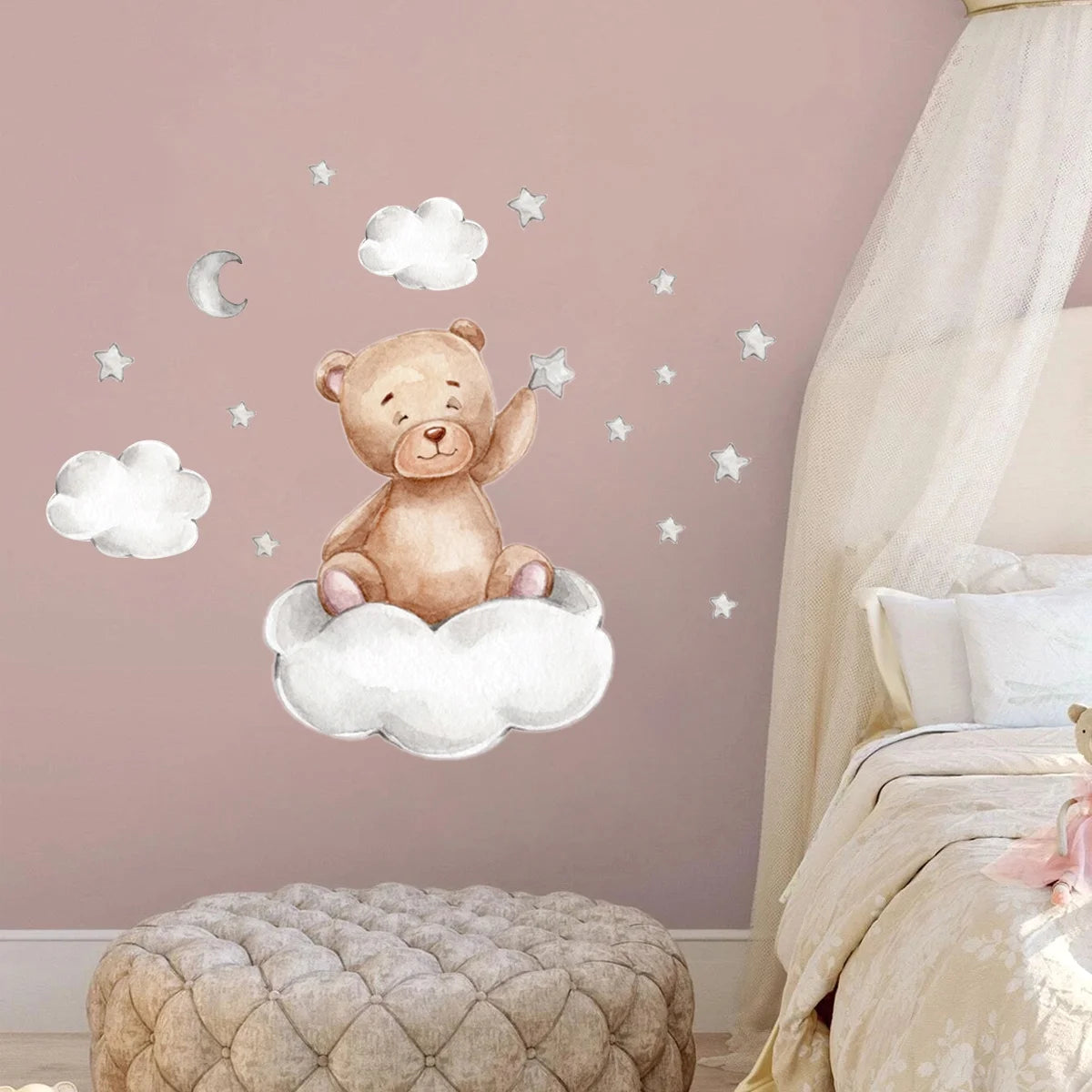 Bear Sleeping on the Moon and Stars Wall Stickers for Kids Room Baby Room Decoration Wall Decals Room Interior