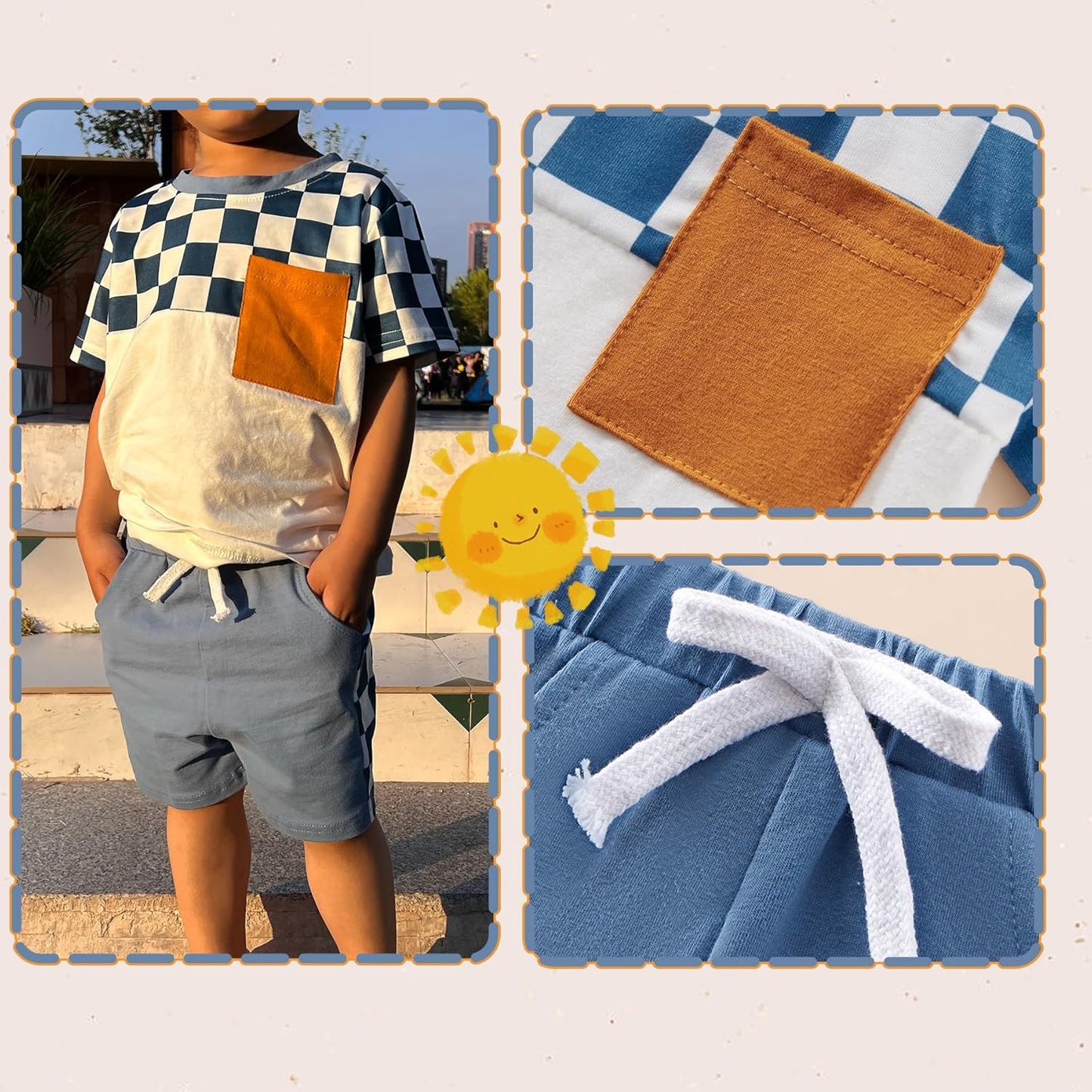 Toddler Baby Boy Summer Outfit Set Short Sleeve Patchwork T-Shirt Tops Pocket Elastic Waist Shorts Casual Clothes