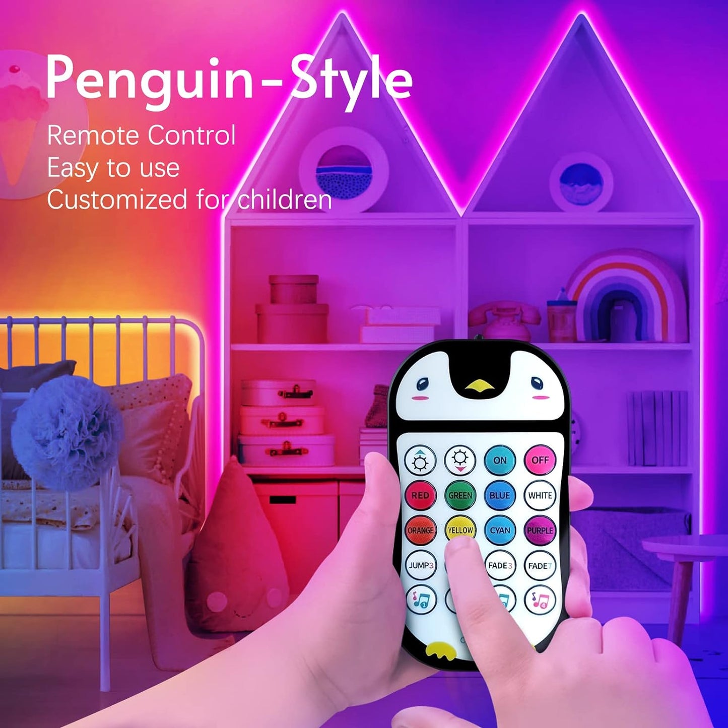 65.6Ft Kids Bluetooth LED Strip Lights, Music Sync LED Light Strip RGB Color Changing Lights Strip with Penguin Style Remote, APP Control, LED Lights for Bedroom, TV, Room DIY (App+Remote+Mic)