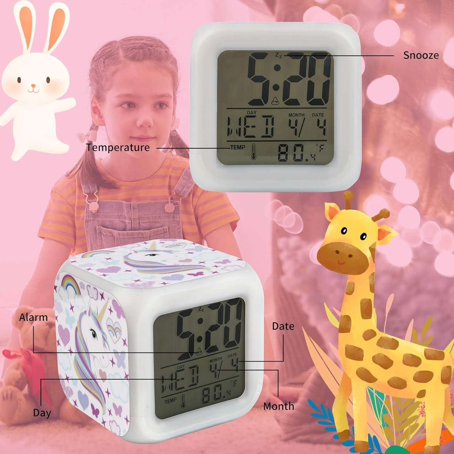 Kids Alarm Clocks, Unicorn Night Light Kids Alarm Clocks with 4 Sided Unicorn Pattern&9 Kinds of LED Glowing Wake up Bedside Clock Gifts for Unicorn Room Decor for Girls Bedroom