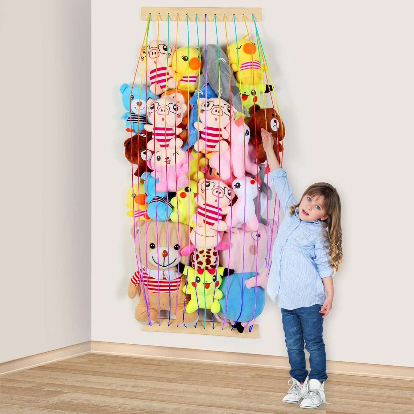 Stuffed Animal Storage Wood Soft Toy Organizer for Kids Room，Cute and Durable Wall or Door Mount Length Adjustable Hanging Stuffed Animal Toy Organizer Shelf for Nursery Play Room Rainbow -Patent