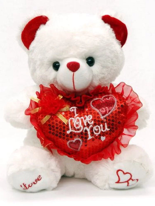 Valentines 12" Plush Teddy White Bear with Heart and "I Love You" Button