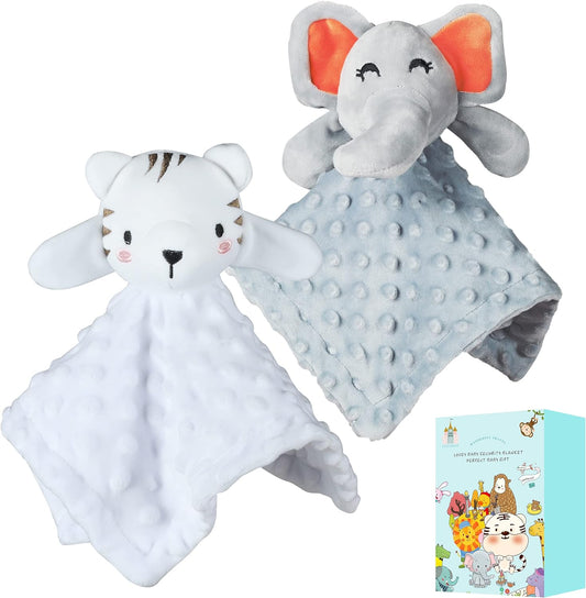 Security Blanket for Babies Gifts - Soft Unisex Newborn Essentials for Boys and Girls - Neutral Baby Stuff Snuggle Toy - Baby Registry Search Shower (Tiger & Grey Elephant)