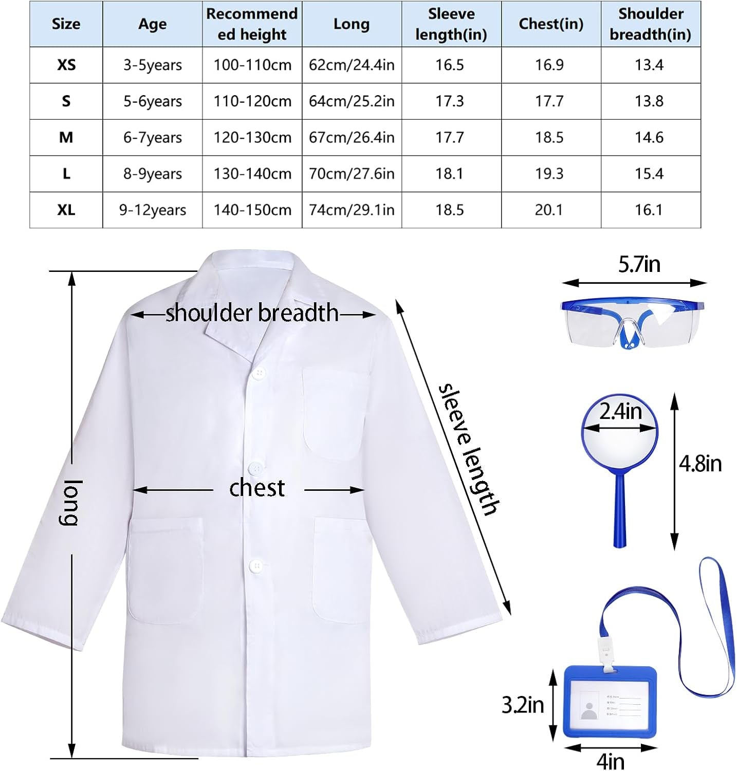 Doctor Scientist Costume Kids Lab Coat and Goggles Children Dress up Kit with ID Card Magnifying Glass for Halloween