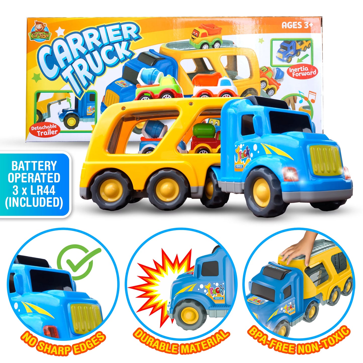 Construction Toy Trucks for 3 Year Old Boys, 5 in 1 Carrier Truck Toy Vehicle for 3 4 5 6 Year Old Boy Birthday Gift, Kids Toys, Friction Powered Cars for Toddlers, Age 3-7, Sound and Light