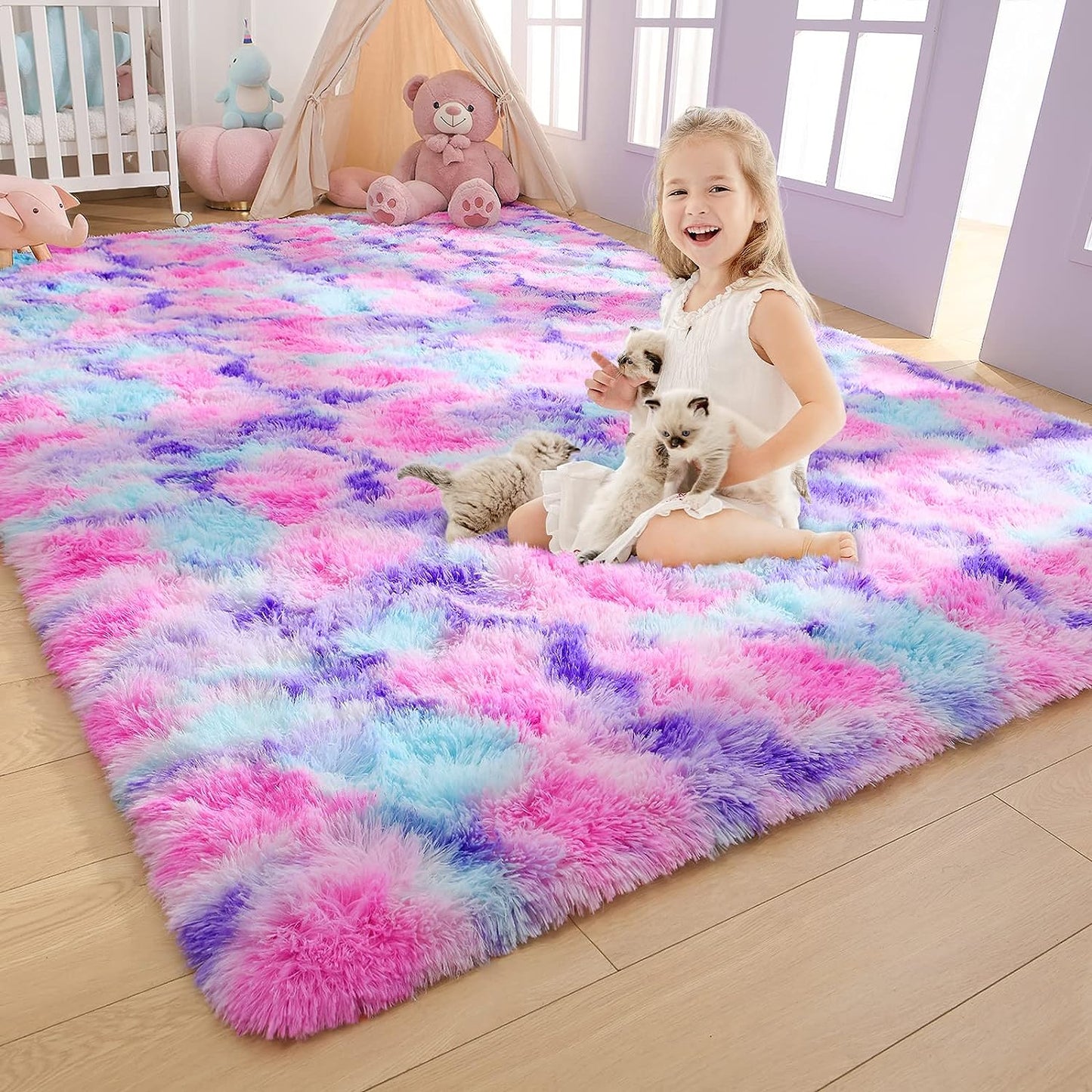 Soft Rainbow Area Rugs for Girls Room 3X5 Feet, Fluffy Cute Colorful Princess Carpet for Kids Teens Nursery Toddler,Bedroom Hot Pink