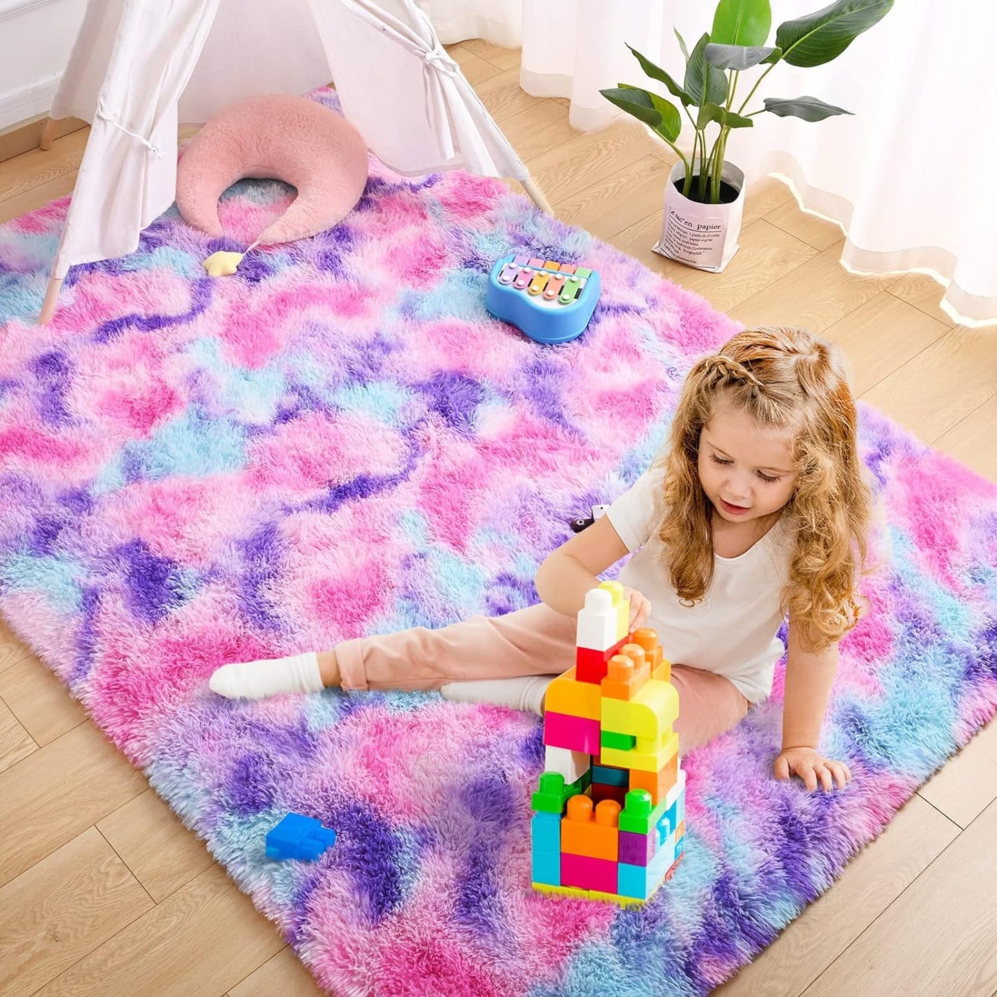 Soft Rainbow Area Rugs for Girls Room 3X5 Feet, Fluffy Cute Colorful Princess Carpet for Kids Teens Nursery Toddler,Bedroom Hot Pink