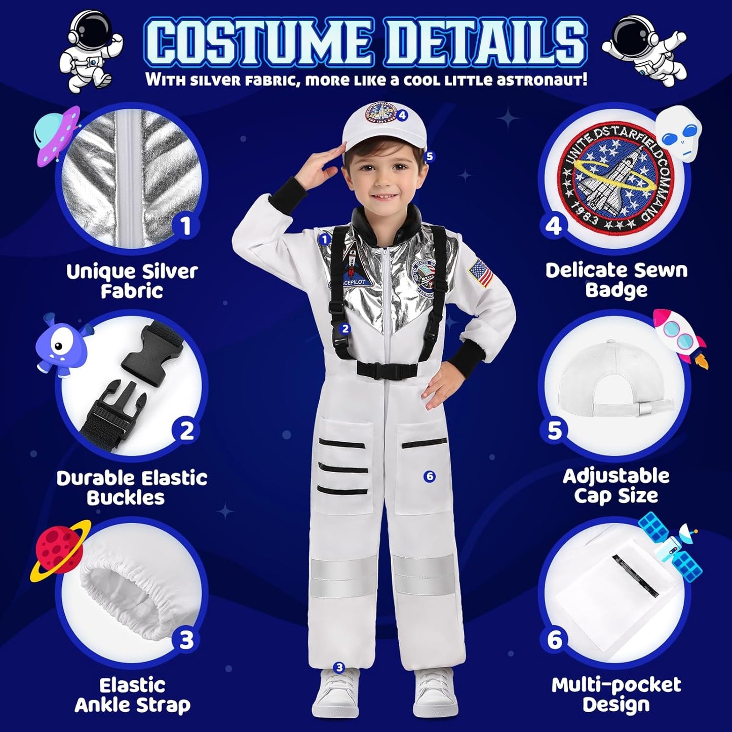 Halloween Astronaut Costume for Kids with Cap, Space Costume for Boys Girls Toddler 3-10 Pretend Role Play Dress Up