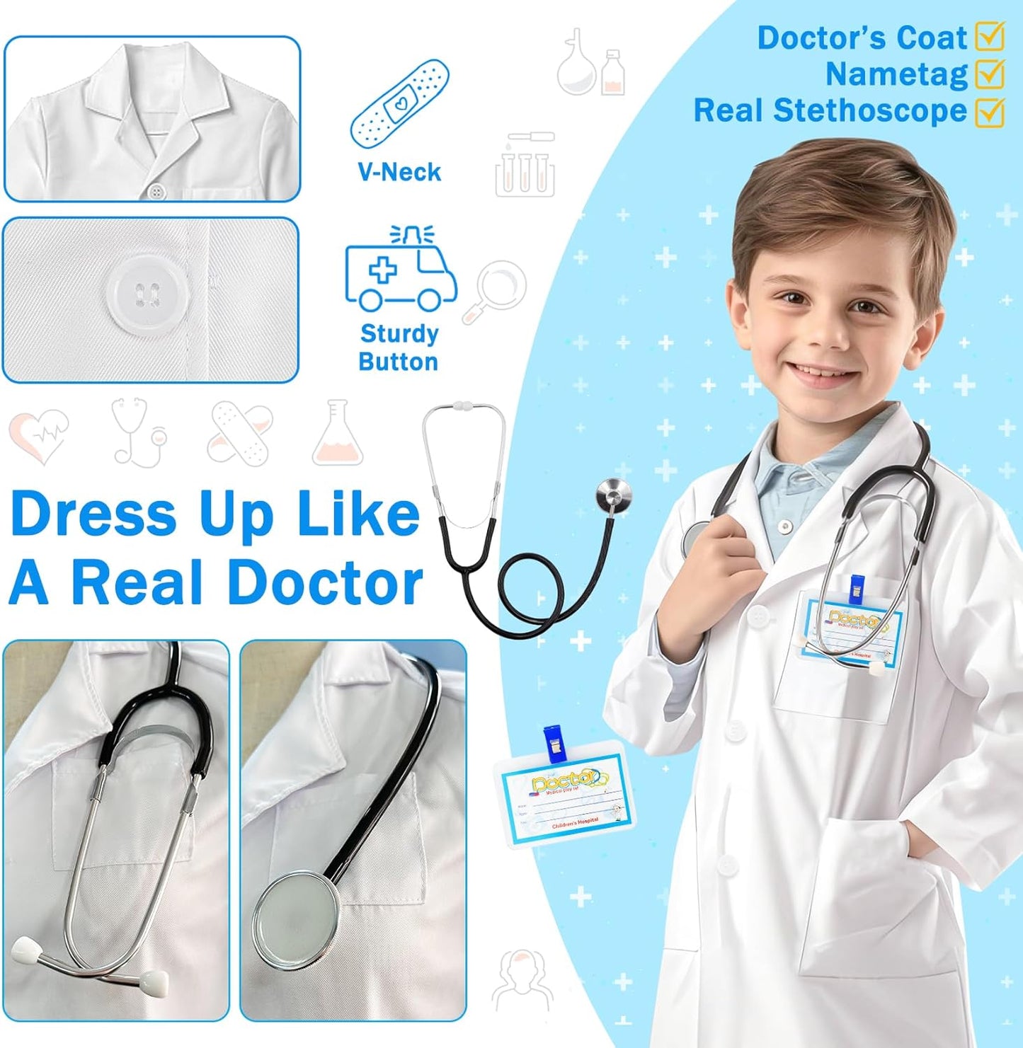 Kids' Doctor Lab Coat Costume with Accessories Role Play for Boys Girls Playset Nurse Costume Age 3-12